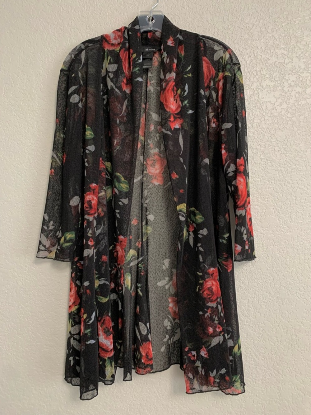 Ali Miles Kimono Cardigan Top Womens L  Floral Rose Print Mesh Sheer Whimsigoth
